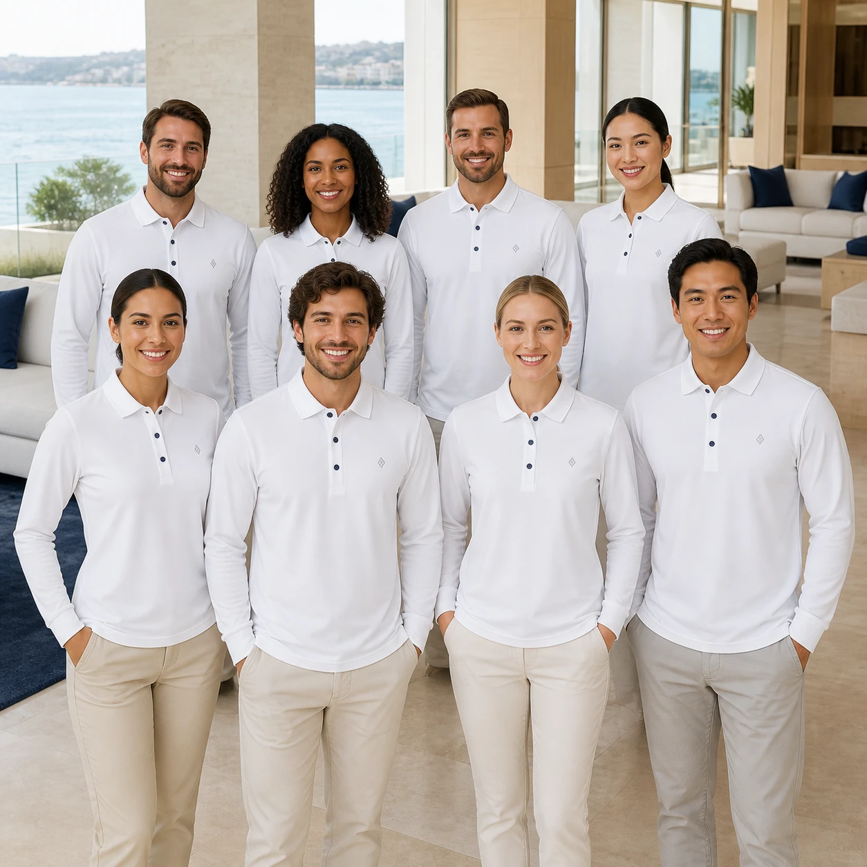 Nylon-Spandex Piqué Moisture-Wicking Long-Sleeve Polo · Coordinated team scene