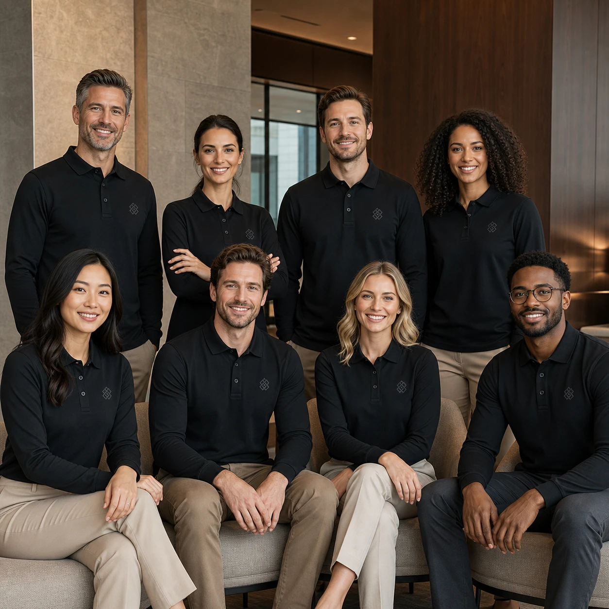 Sorona Double-Knit Rib-Collar Long-Sleeve Polo · Coordinated team scene