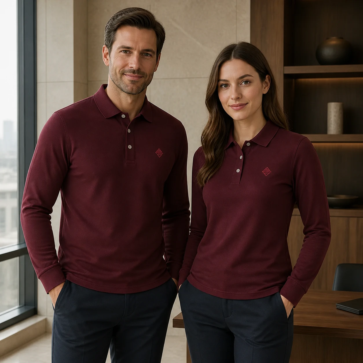 Double-Knit Mercerized Cotton Long-Sleeve Polo · Men & women uniform scene
