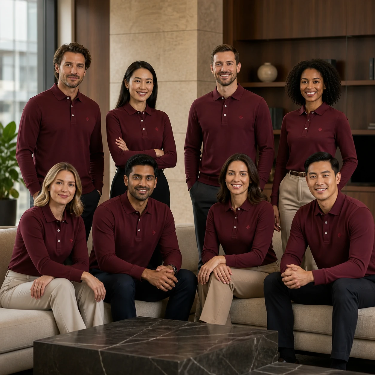 Double-Knit Mercerized Cotton Long-Sleeve Polo · Coordinated team scene