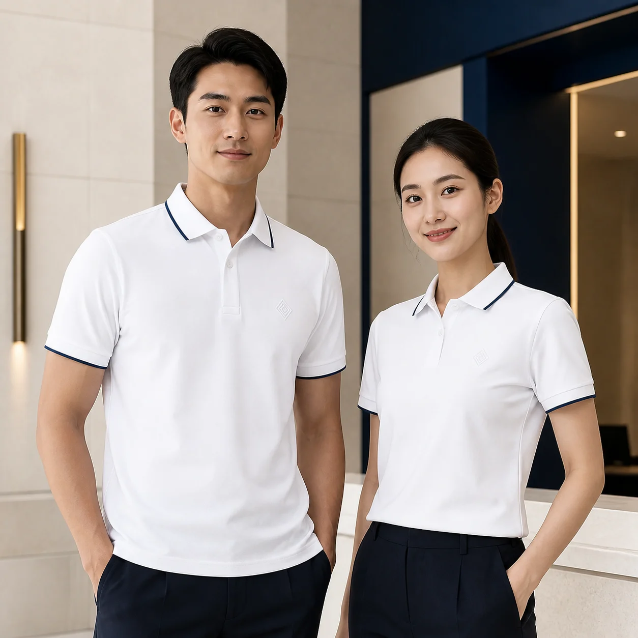 Sorona-Cotton Single White-Trim Collar Polo · Men & women uniform scene