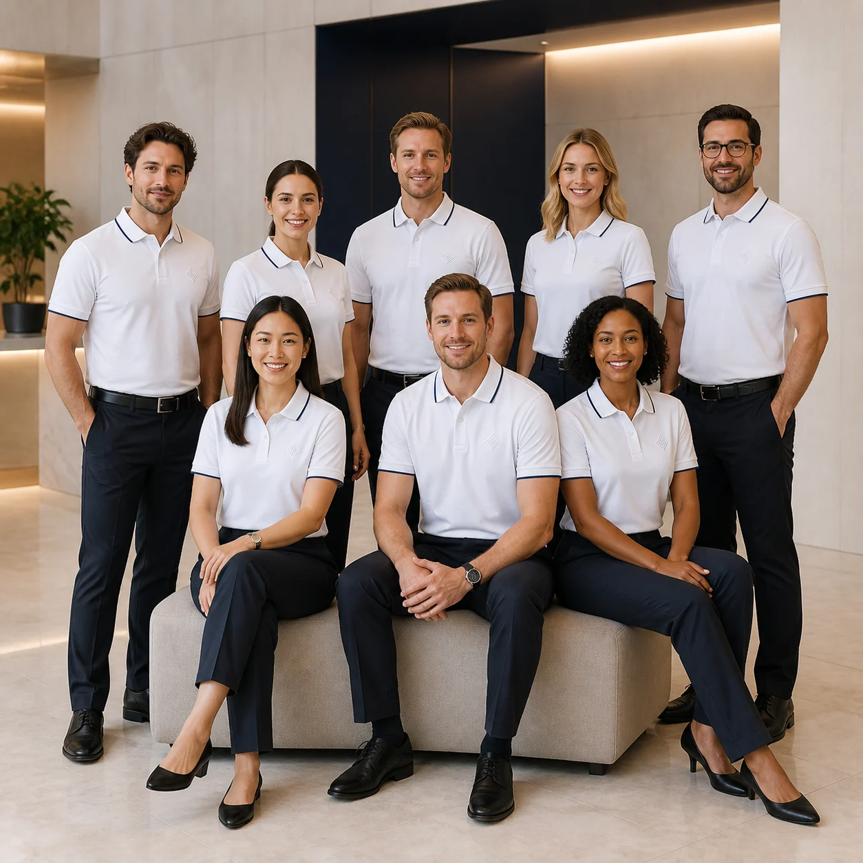 Sorona-Cotton Single White-Trim Collar Polo · Coordinated team scene