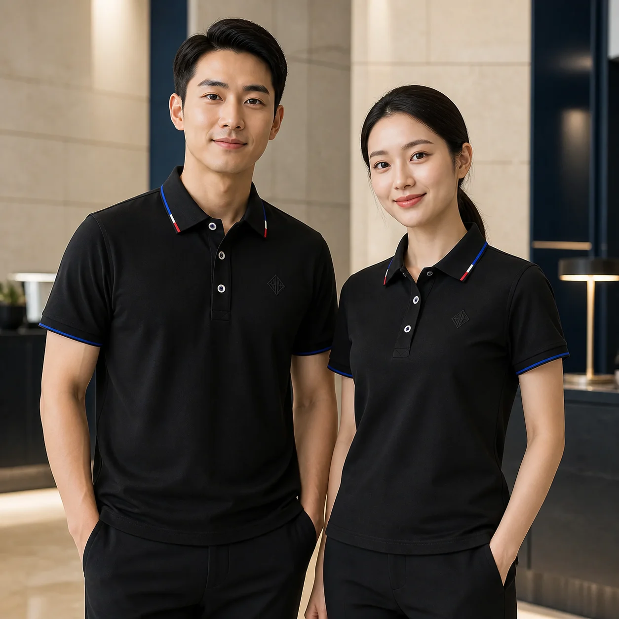 Ice-Silk Chiffon Color-Block Two-Tier Collar Polo · Men & women uniform scene