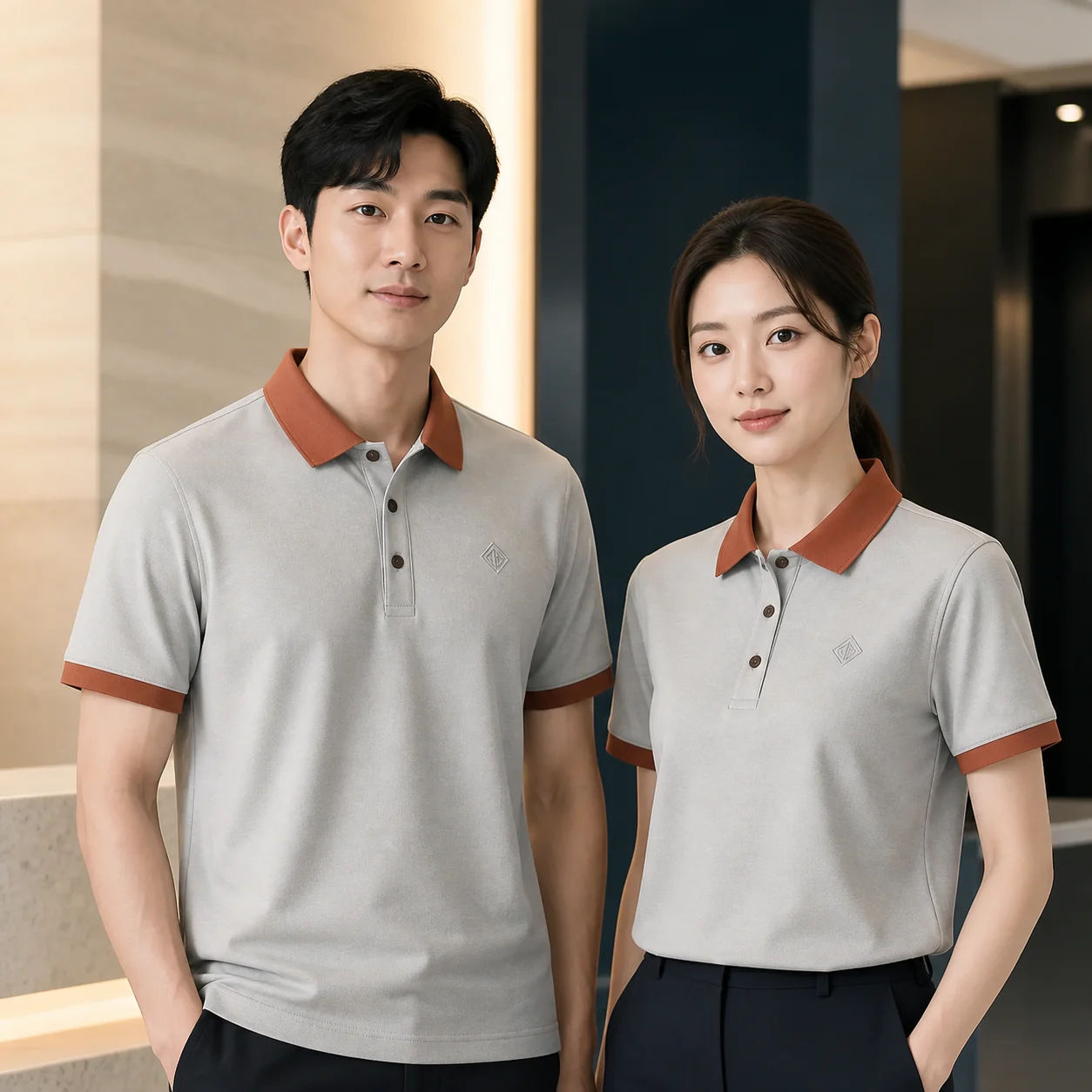 Ice Porcelain Cotton Contrast-Collar Polo · Men & women uniform scene