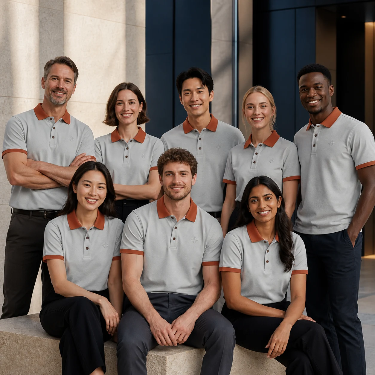 Ice Porcelain Cotton Contrast-Collar Polo · Coordinated team scene
