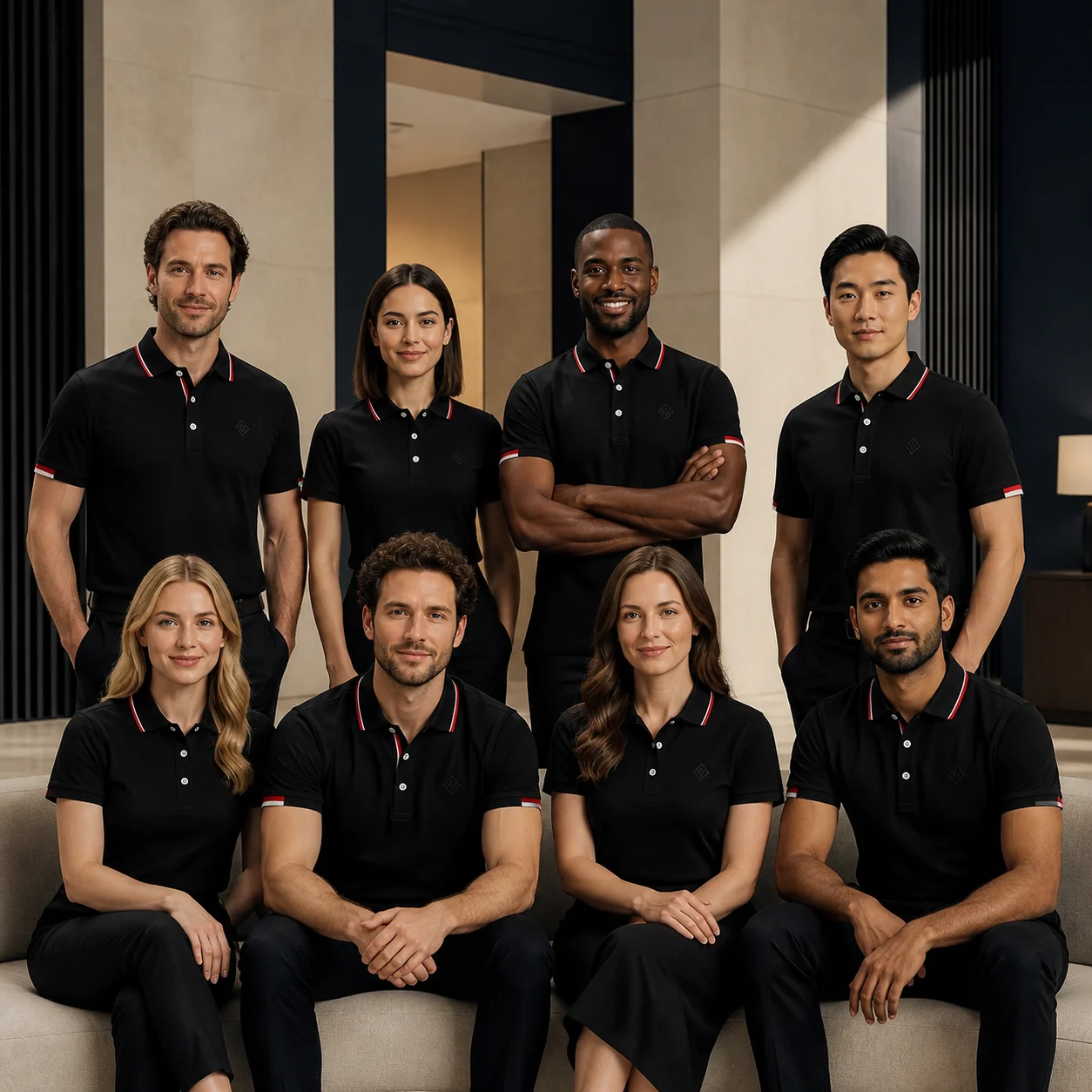 Ice Silk Chiffon 200 g/m² Contrast-Stripe Summer Polo · Coordinated team scene