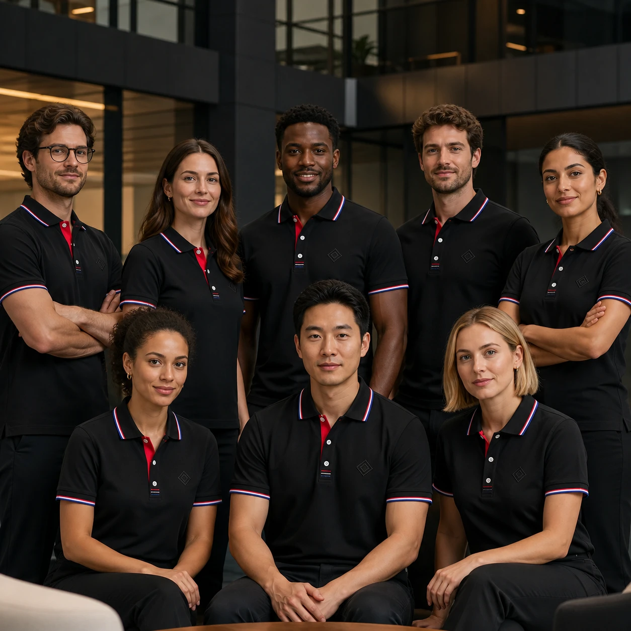 Cotton Cupro Stripe Collar Polo · Coordinated team scene