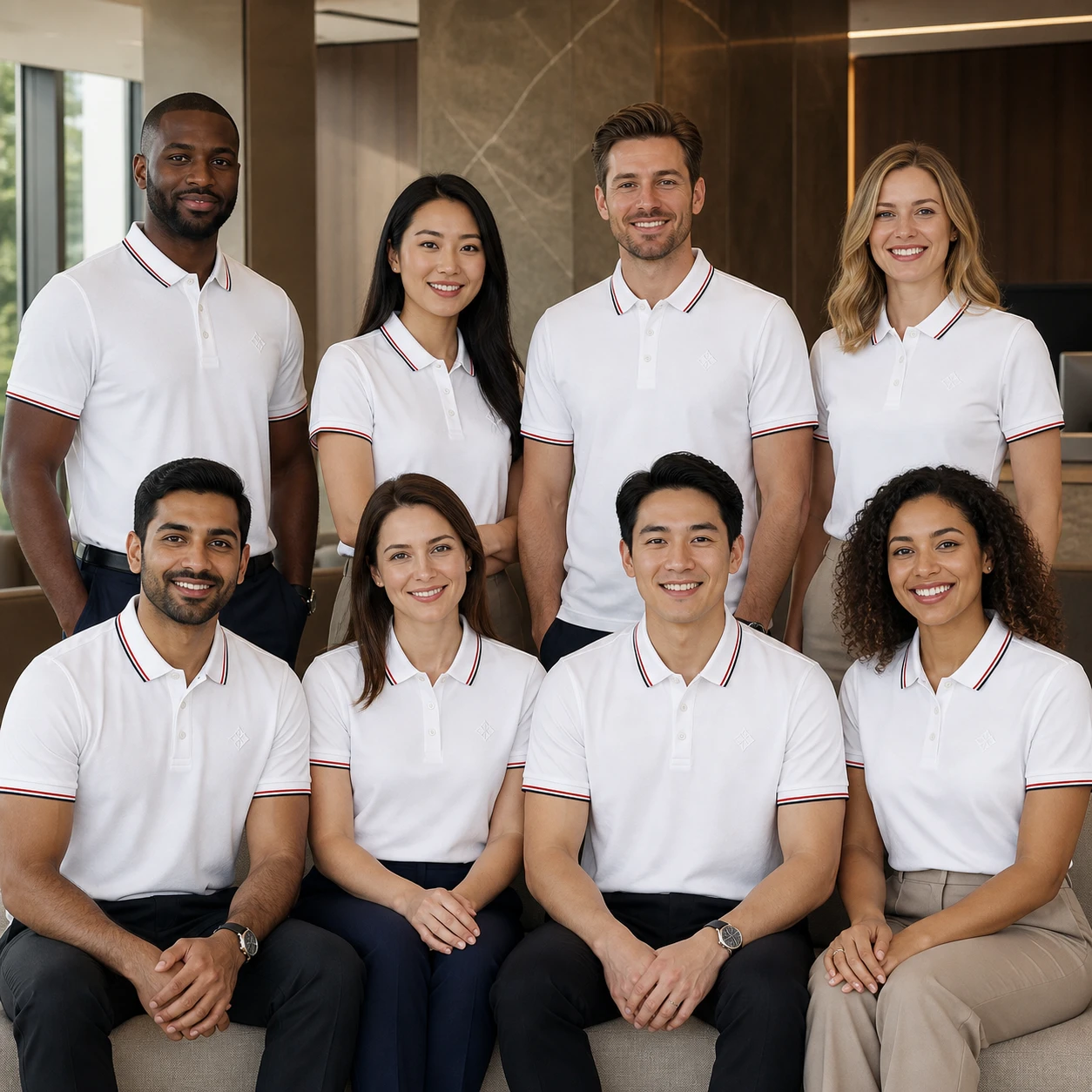 Lyocell Combed Cotton Blend Seamless Tipped-Collar Polo · Coordinated team scene
