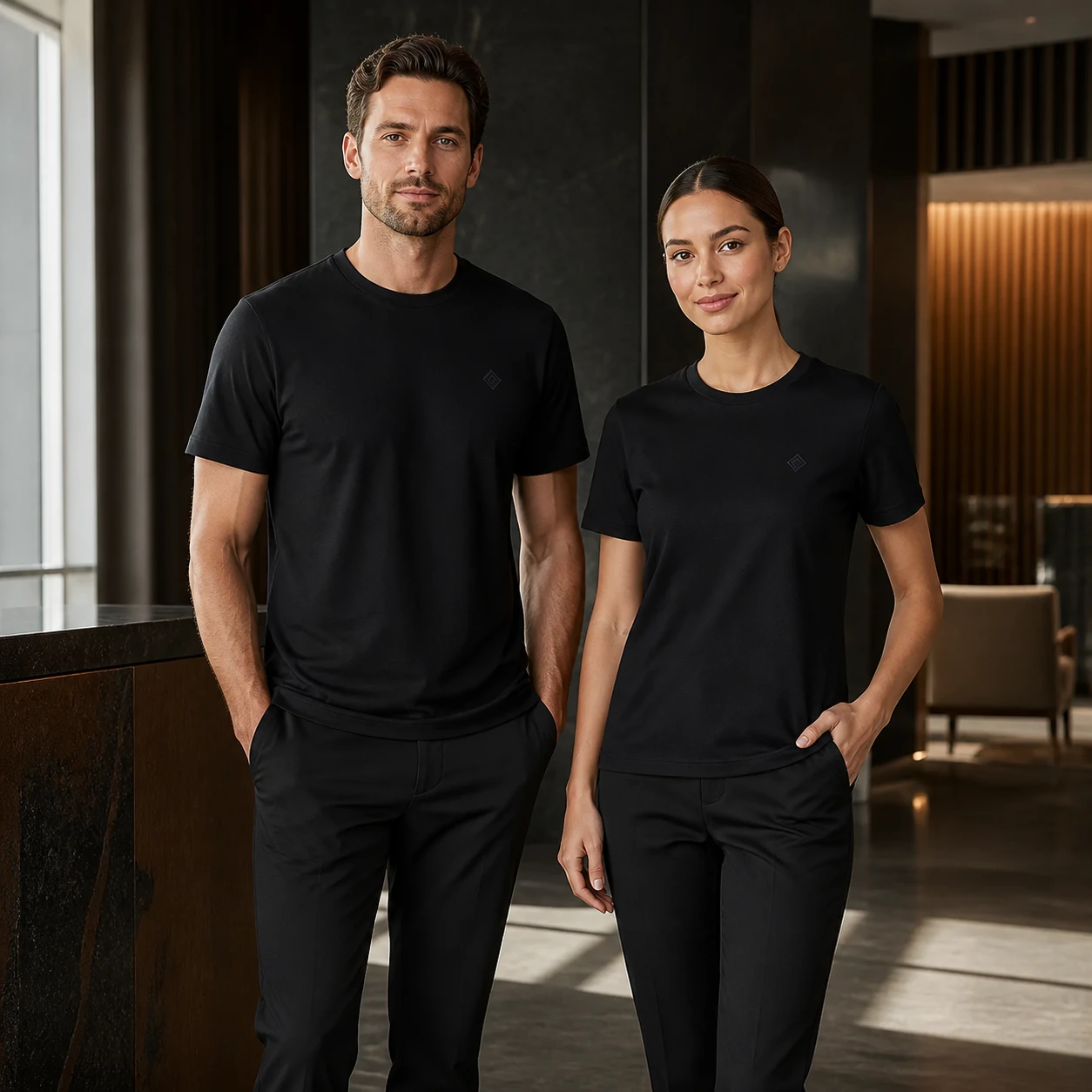 Dynamic Piqué Moisture-Wicking Crew Tee · Men & women uniform scene